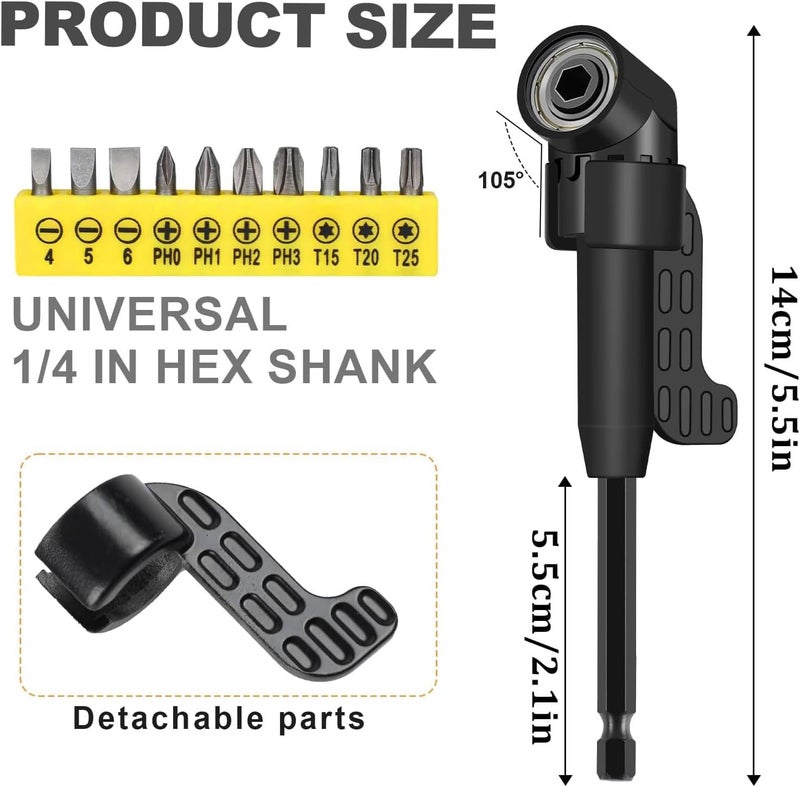 CIGOTU 17Pcs Flexible Drill Bit Extension, Include 3Pcs Rotatable Socket Adapter 2Pcs Hex Shank 105° Right Angle Drill Attachment 10 Short Screwdriver Bits 90° Angled Bits and Bendable Extension - Image 2